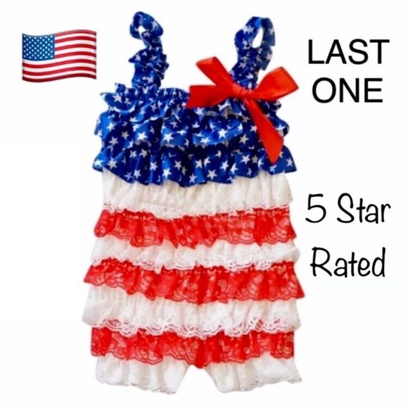 Patriotic Layered Lace Ruffle Stars and Stripes One Piece Romper Brand New - Picture 1 of 8